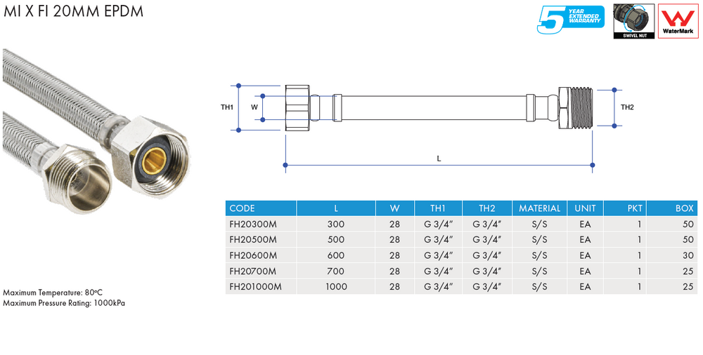 
                  
                    Load image into Gallery viewer, AW FH20700 Female Thread 20mm (¾&amp;quot;) x 700mm Stainless Steel Braided Flexible Hose)
                  
                