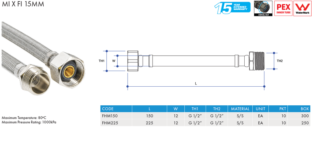 
                  
                    Load image into Gallery viewer, AW FH1000 Female Thread 15mm (½&amp;quot;) x 1000mm Stainless Steel Braided Flexible Hose
                  
                