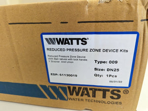 
                  
                    Load image into Gallery viewer, Watts 009-025-LBS 25mm 1&amp;quot; RPZ Reduced Pressure Zone Backflow Preventer Kits  Package Box Label
                  
                