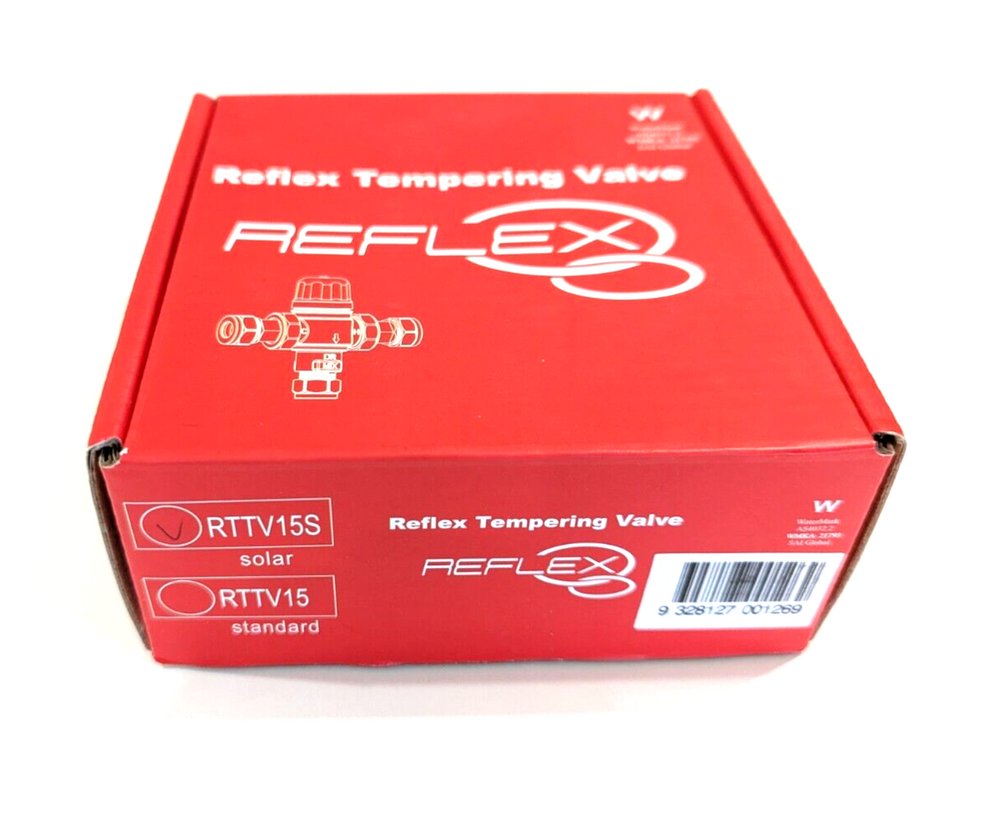 
                  
                    Load image into Gallery viewer, Reflex RTTV15S Solar Rated High Performance Tempering Mixing Valve Package Box
                  
                