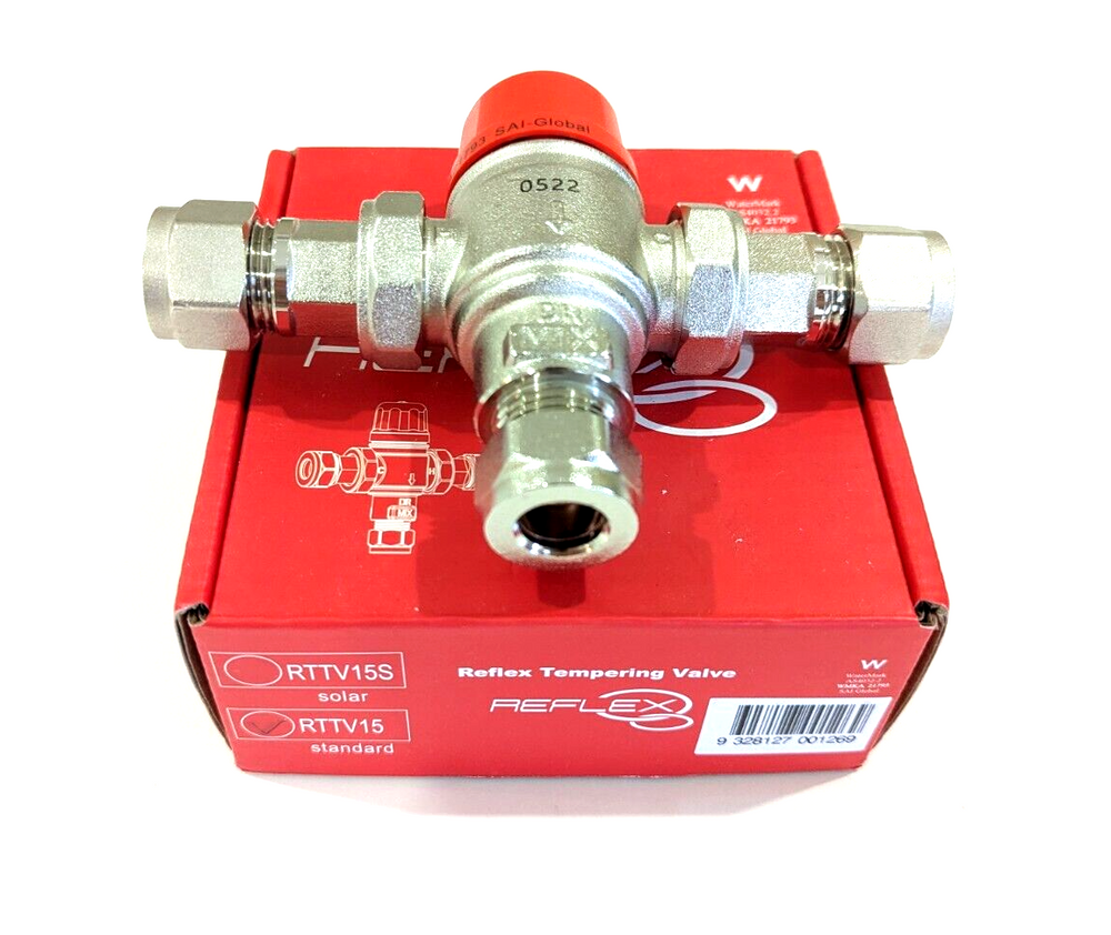 
                  
                    Load image into Gallery viewer, Reflex RTTV15 15mm 1/2&amp;quot; Tempering Mixing Valve  on Package Box
                  
                