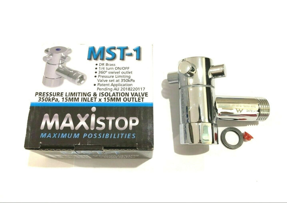 
                  
                    Load image into Gallery viewer, AVG MST-1 MAXistop 15mm Chrome 1/4 Turn 350kpa Pressure Limiting Isolation Stop
                  
                