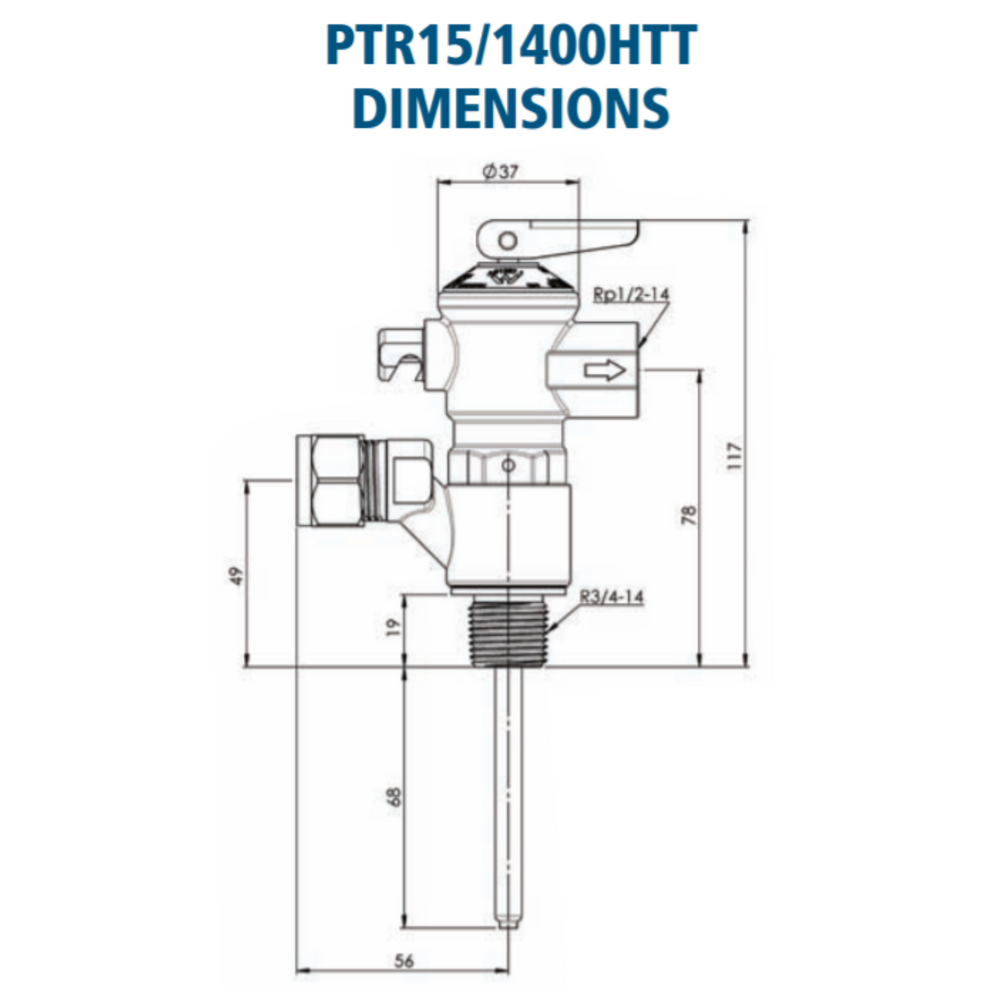 
                  
                    Load image into Gallery viewer, AVG PTR15/1400HTT 15mm 1/2&amp;quot; 1400kPa PTR Valve with Inbuilt Swivel Tee for Water Outlet Dimension Diagram
                  
                
