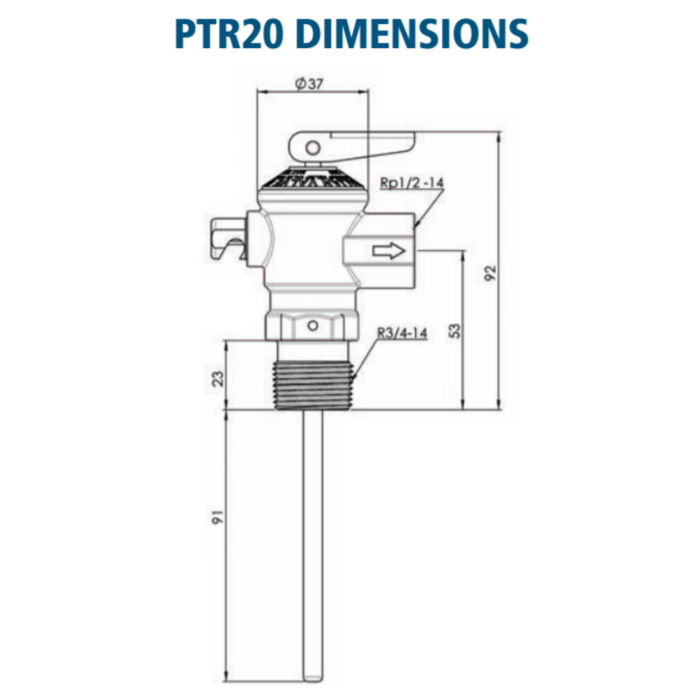 
                  
                    Load image into Gallery viewer, AVG PTR20/700 20mm 3/4&amp;quot; 700kPa PTR Pressure &amp;amp; Temperature Relief Valve Dimension Diagram
                  
                